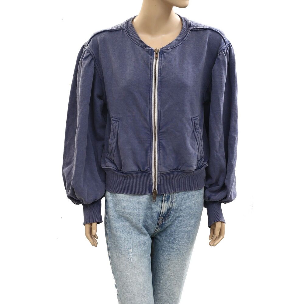 Free People Okayyy Sweatshirt Bomber Jacket Top Ribbed Balloon Sleeves XS 284136